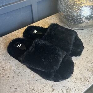 BP Nordstrom Womens Black Slip On Slides Faux Fur Slippers 5-6 NWT